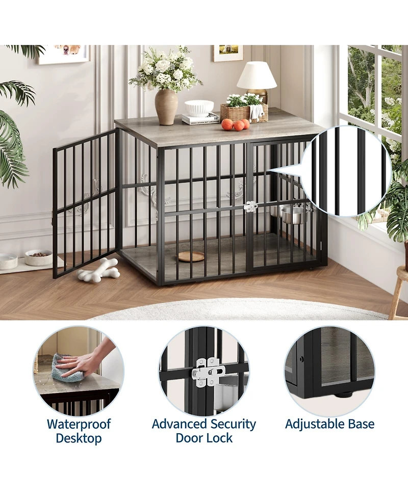 homfan Heavy Duty Wooden Dog Crate, 43'' Double Doors, Adjustable Bowls and Storage Drawers, Kennel for Medium and Large Dogs, Chew-Resistant Design