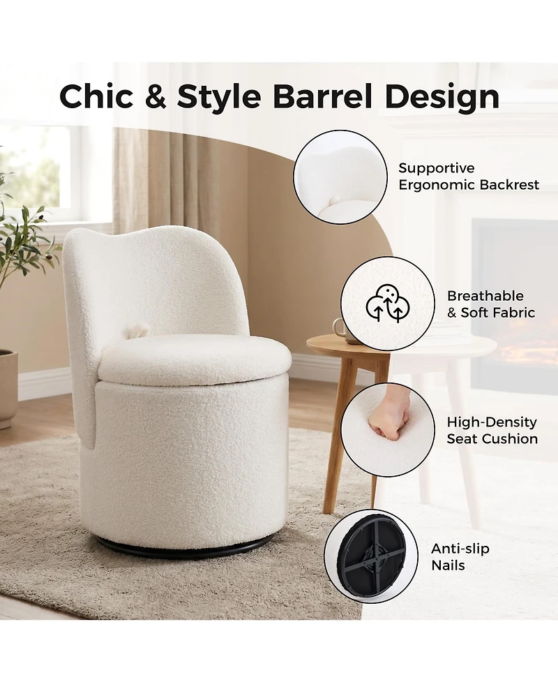 homfan Sherpa Swivel Vanity Chair with Storage - 360degree(s) Upholstered Makeup Stool Soft Padded Backrest Ideal for Bedroom, Living Room