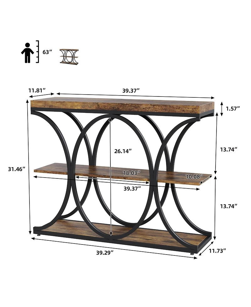 homfan Industrial Modern 3-Tier Narrow Console Table for Entryway, Living Room, or Hallway, Open Storage Shelves, Diamond Metal Frame