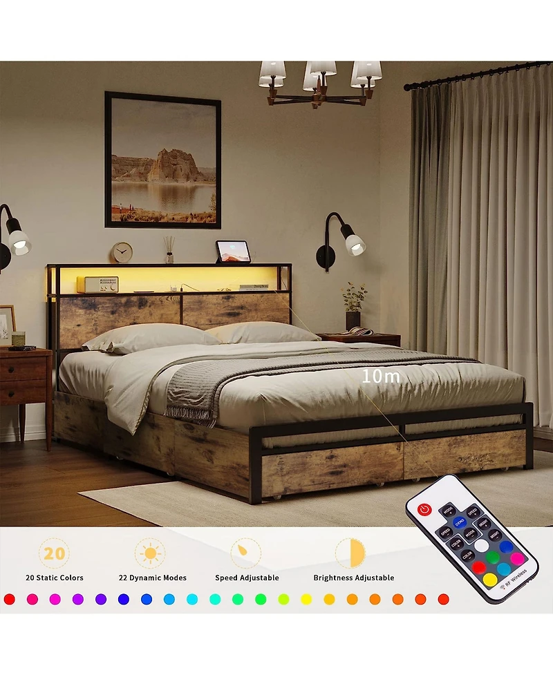 Hausource Queen Platform Bed Frame With Headboard, Drawers and Outlets, Rustic Brown
