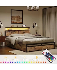 Hausource Queen Platform Bed Frame With Headboard, Drawers and Outlets, Rustic Brown