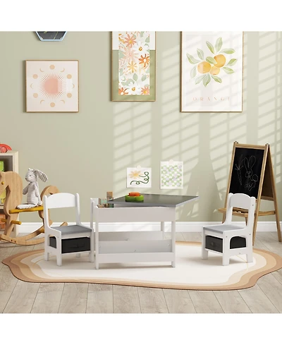 Clihome 3-Piece Kids Table Chair Set, 2-in-1 Reversible Desktop with Chalkboard Storage and Bookshelf