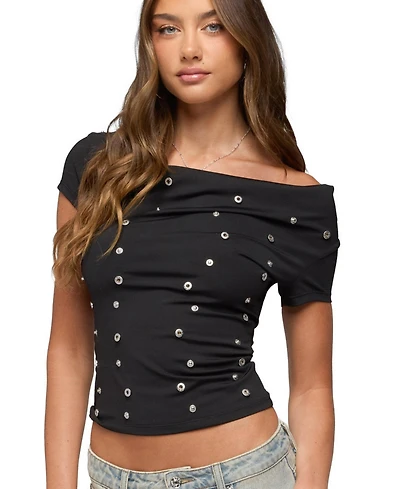 Edikted Womens Bijou Metal Snap Cowl Neck Top
