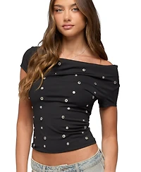 Edikted Womens Bijou Metal Snap Cowl Neck Top