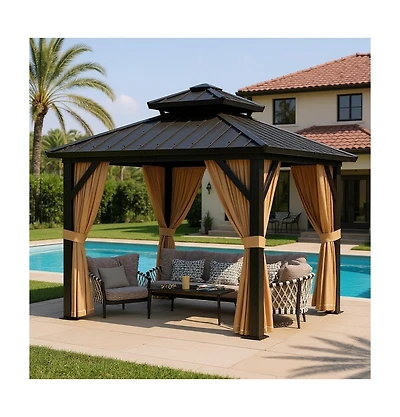 gaomon 10inch x 10inch Hardtop Gazebo, Outdoor Permanent Gazebo with Galvanized Steel Double Roof, Aluminum Frame, Netting and Curtains for Patio