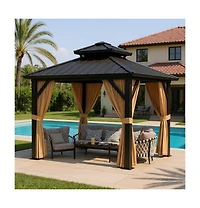 gaomon 10inch x 10inch Hardtop Gazebo, Outdoor Permanent Gazebo with Galvanized Steel Double Roof, Aluminum Frame, Netting and Curtains for Patio