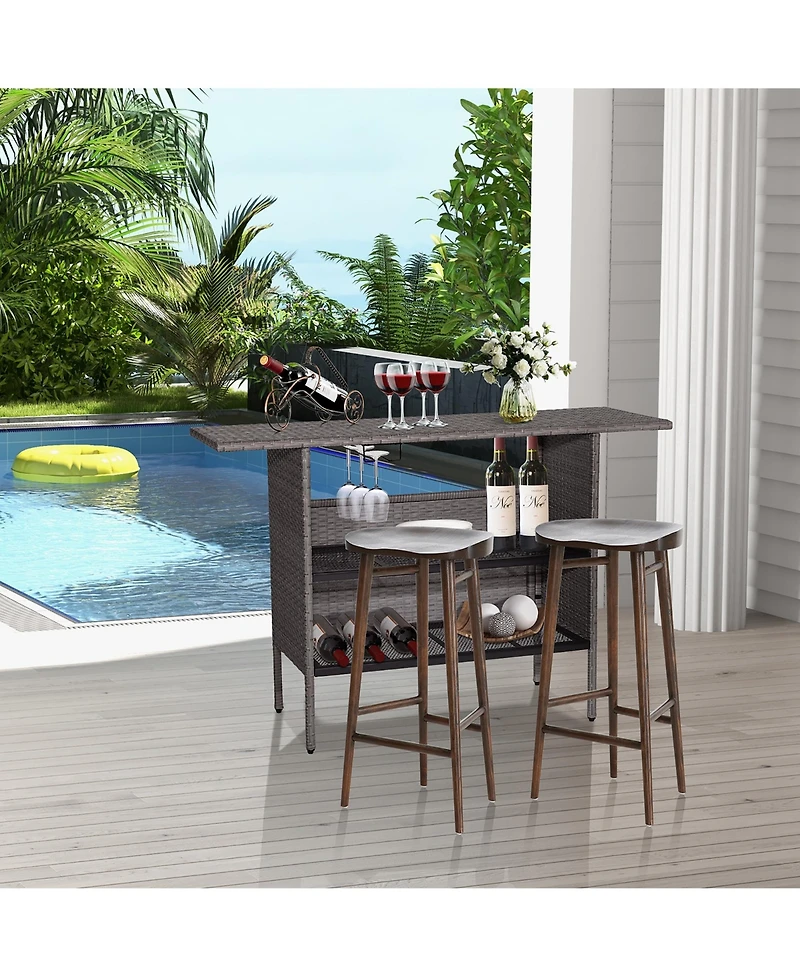 Gymax Patio Rattan Wicker Bar Height Counter Table Storage Shelf Rail Garden