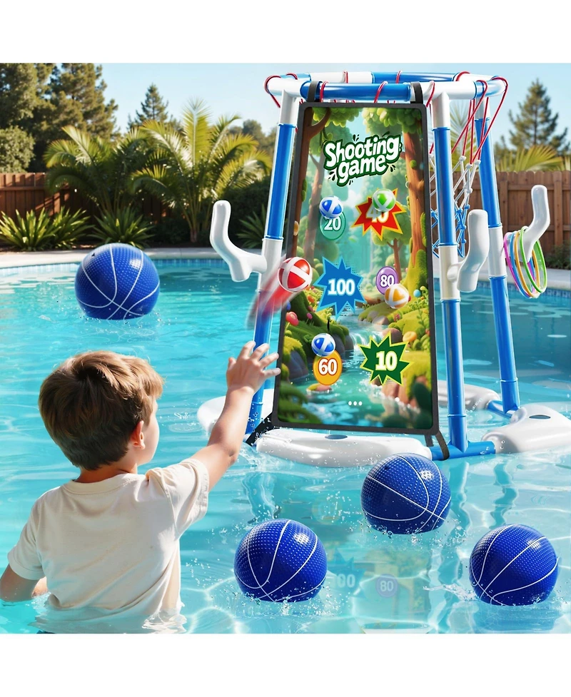 Gnuadz 4-in-1 Pool Basketball Hoop Floating Ring Game With Balls Air Pump Launcher For Kids