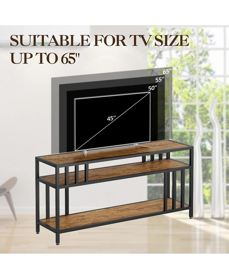 Homfan Spacious Rustic Tv Stand Media Console with Three Open Shelves, Sturdy Mdf and Iron Frame, Fits Larger Screens, Easy Assembly