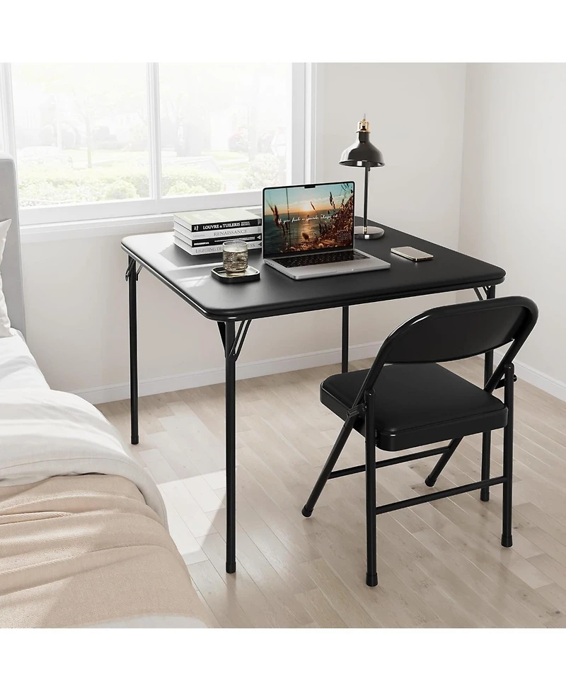 homfan Square Folding Card Table with Pu Leather Surface, Metal Frame