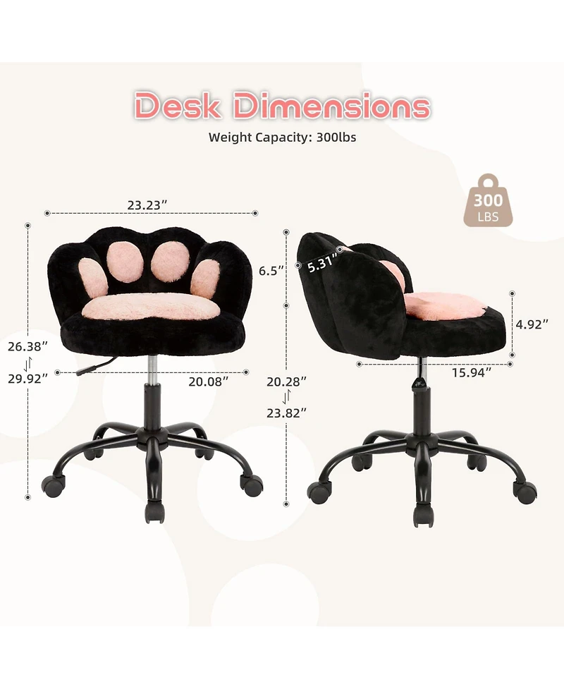 homfan Cute Vanity Chair with Cat-Paw Back, Swivel Wheels, Adjustable Height, Armless Desk Chair for Bedroom, Office, Kids Room