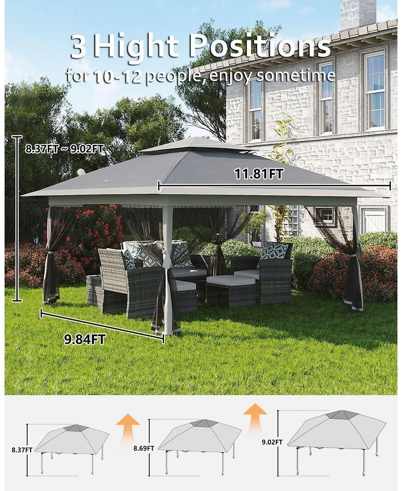 homfan One-Push Pop-Up Gazebo, 12x12 Ft Canopy Tent with Mosquito Netting, 4 Sandbags and Adjustable Height