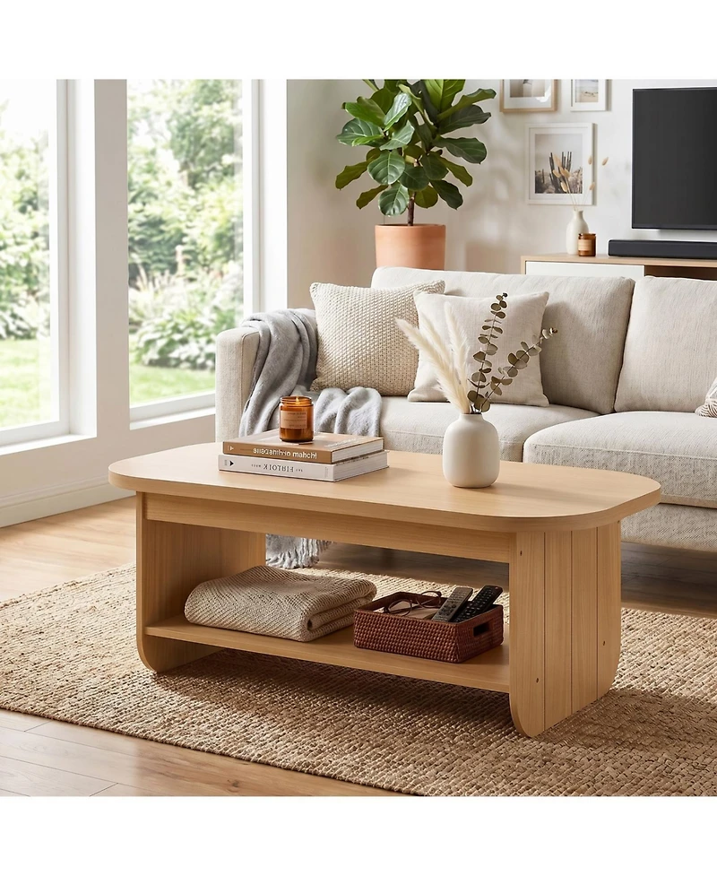 Slickblue 2-Tier Oval Coffee Table Mid Century Living Room with Storage Shelf