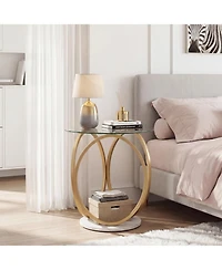 Slickblue Modern Round Side Table with Faux Marble Base and Glass Tabletop