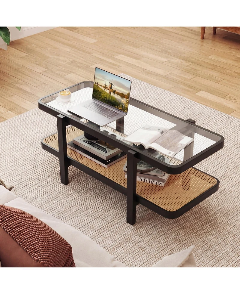 Slickblue Modern 2-Tier Coffee Table with Glass Top and Open Storage Shelf Design