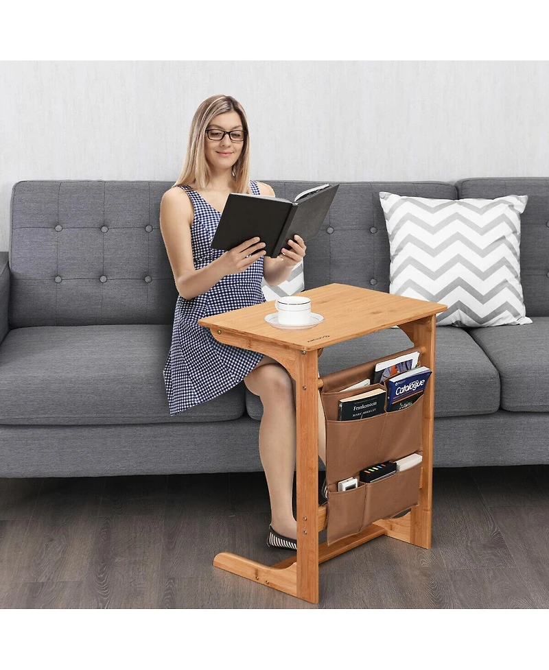 Gymax Bamboo Sofa Table Laptop Desk Coffee Snack End Table Bedside Table with Storage Bag