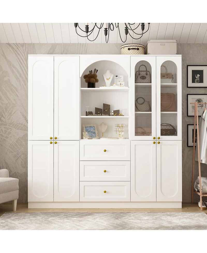 Homsee 71-Inch Tall Separate Style Wardrobe with Glass -Armoire with Knobs | P-Shaped Storage Cabinet with Soft-Close Drawers and Doors