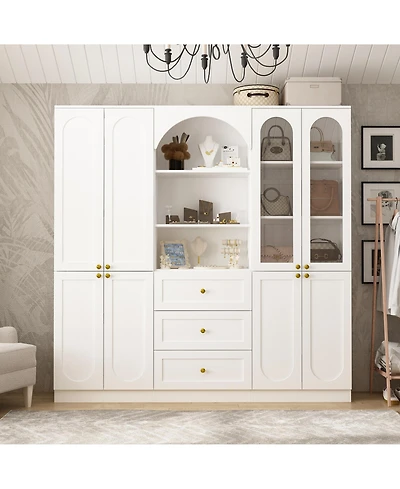 Homsee 71-Inch Tall Separate Style Wardrobe with Glass -Armoire with Knobs | P-Shaped Storage Cabinet with Soft-Close Drawers and Doors