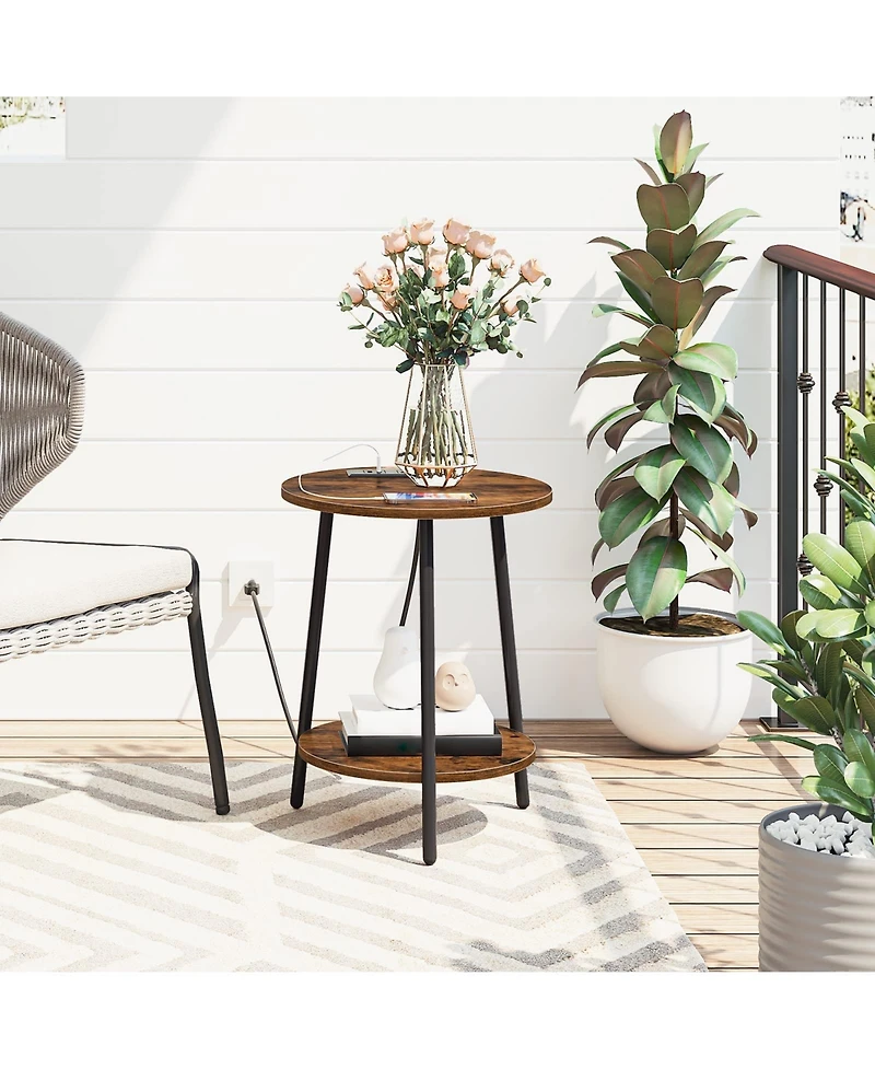 Slickblue Modern Round Side Table with Charging Station and 2-Tier Storage Shelf