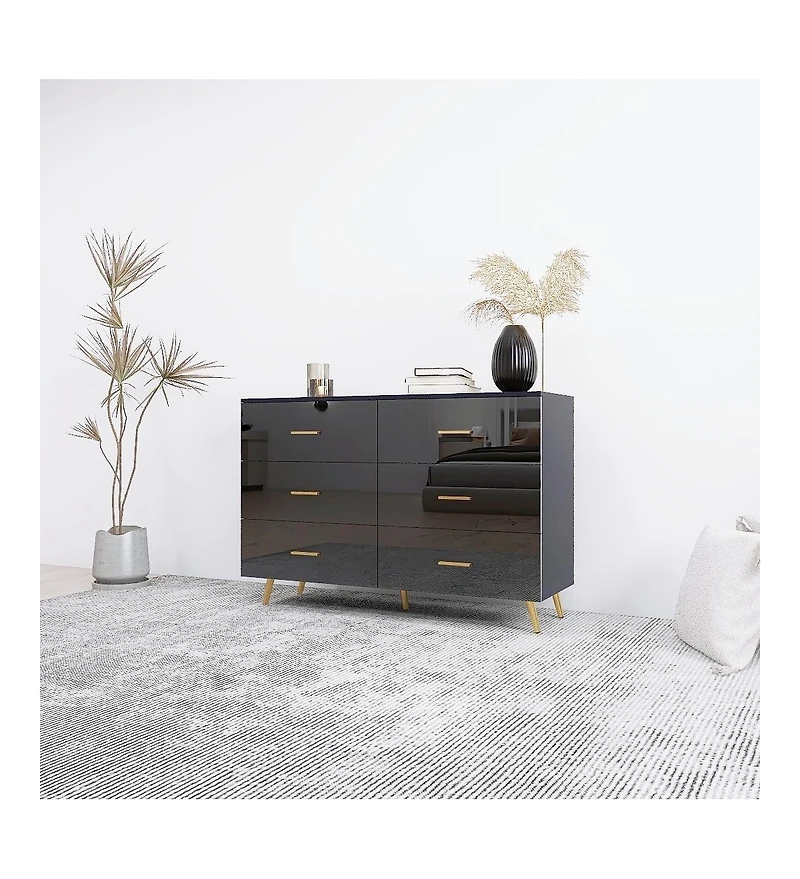 Flynama High Gloss 6-Drawer Storage Chest with Golden Handles and Metal Legs Home Bedroom Vanity Cabinet