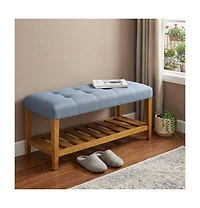 HomeRoots Tufted Fabric Upholstered Storage Bench with Shelves