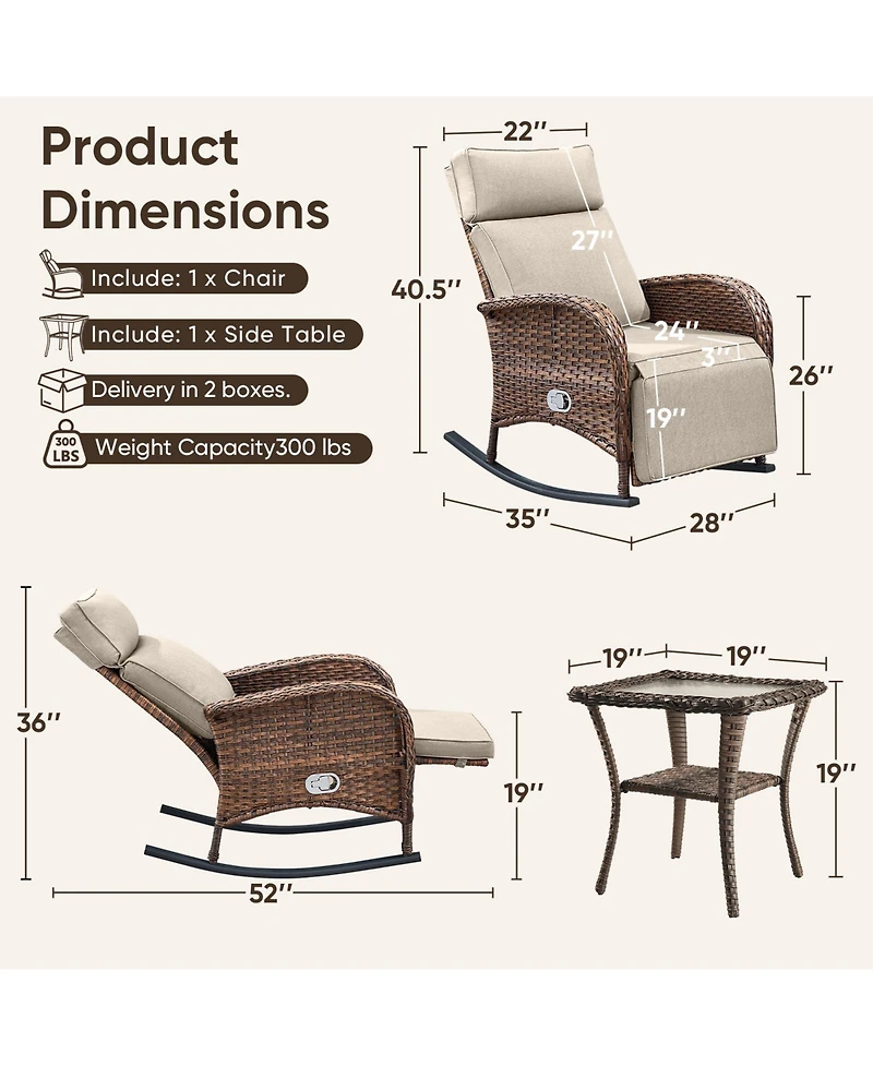 Pocassy Outdoor Recliner Chair for Patio, Wicker Reclining with Adjustable Backrest, Rattan Rocker Armchair Side Table