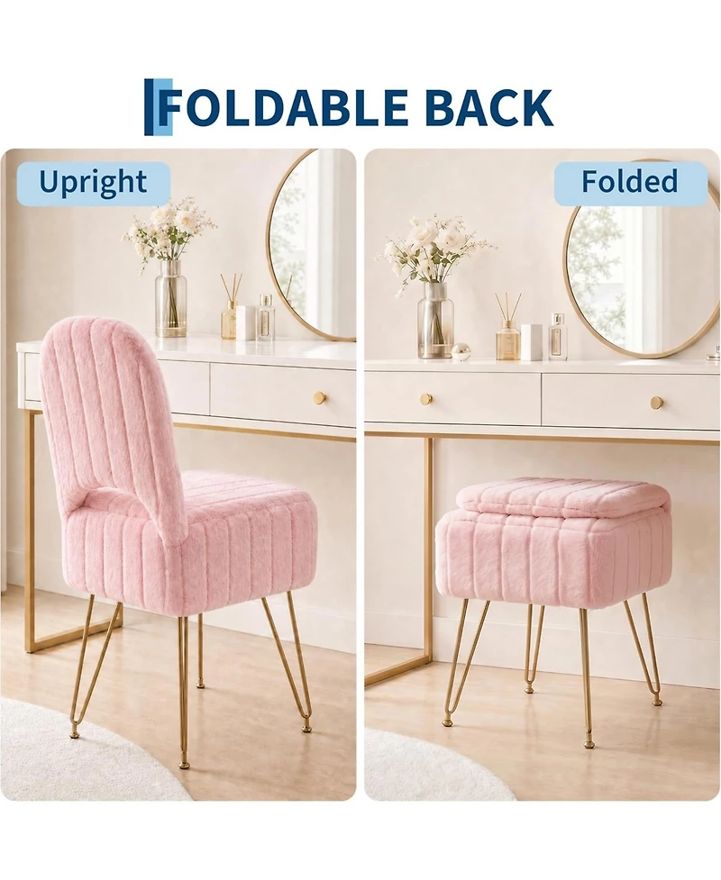 gaomon Vanity Stool Chair with Backrest, Square Ottoman with Hidden Storage Compartment, Soft Faux Fur Fabric, 280 Lbs Weight Capacity