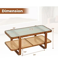 Slickblue Living Room Rattan Coffee Table with Glass Top and Lower Storage Shelf