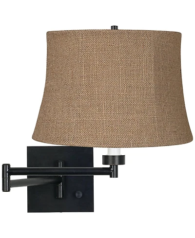Franklin Iron Works Farmhouse Swing Arm Wall Lamp Espresso Plug-in 12" Light Fixture Burlap Drum Shade for Bedroom Bedside