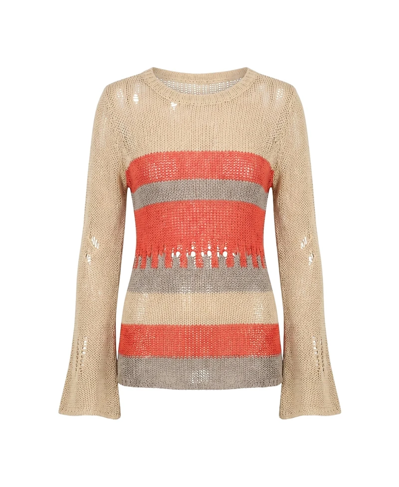 Modenaire Women's Distressed Stripe Flared-Sleeve Knit Sweater