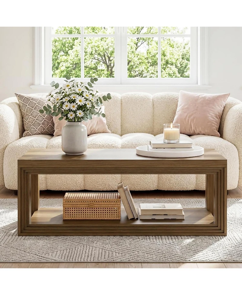 Tribesigns 47" Modern Coffee Table, Farmhouse Rectangular Living Room Table with 2-Tier Storage Shelf