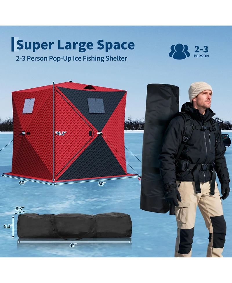 homfan 142 x 71 78 Inch Ice Fishing Shelter with Led Lights, Insulated Winter Tent Double Zipper Doors for Lake