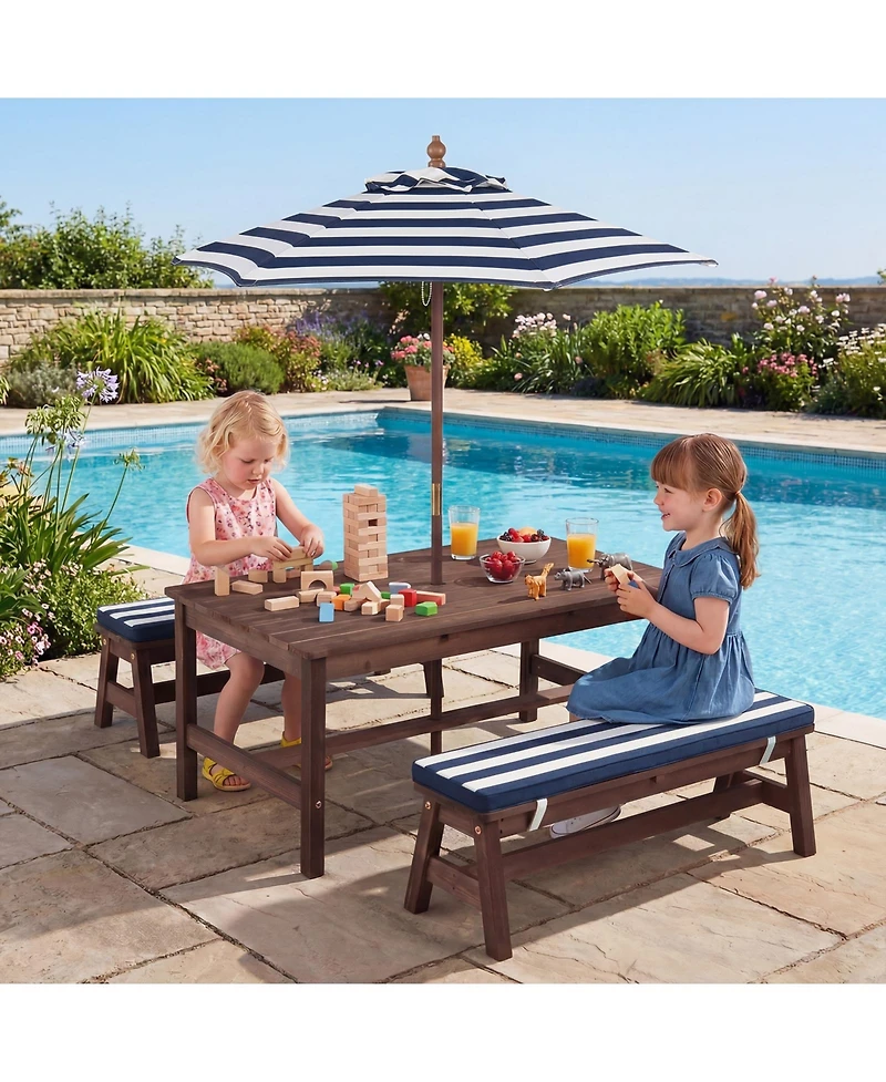 Gymax Kids Picnic Table Outdoor Wooden Table and Bench Set with Removable Umbrella