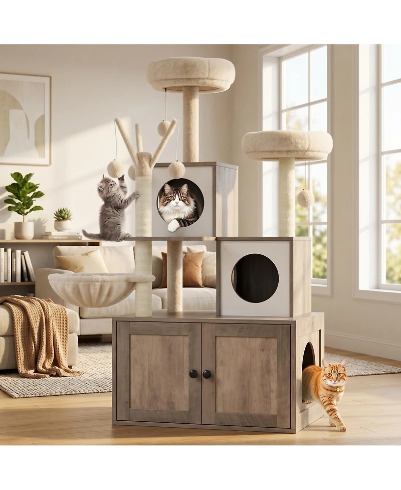 Homfan 2-in-1 Modern Cat House & Litter Box Enclosure with Tree, Hidden Washroom, Hammock, Scratching Posts Soft Perches