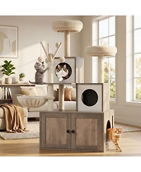 Homfan 2-in-1 Modern Cat House & Litter Box Enclosure with Tree, Hidden Washroom, Hammock, Scratching Posts Soft Perches