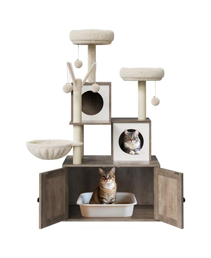 Homfan 2-in-1 Modern Cat House & Litter Box Enclosure with Tree, Hidden Washroom, Hammock, Scratching Posts Soft Perches
