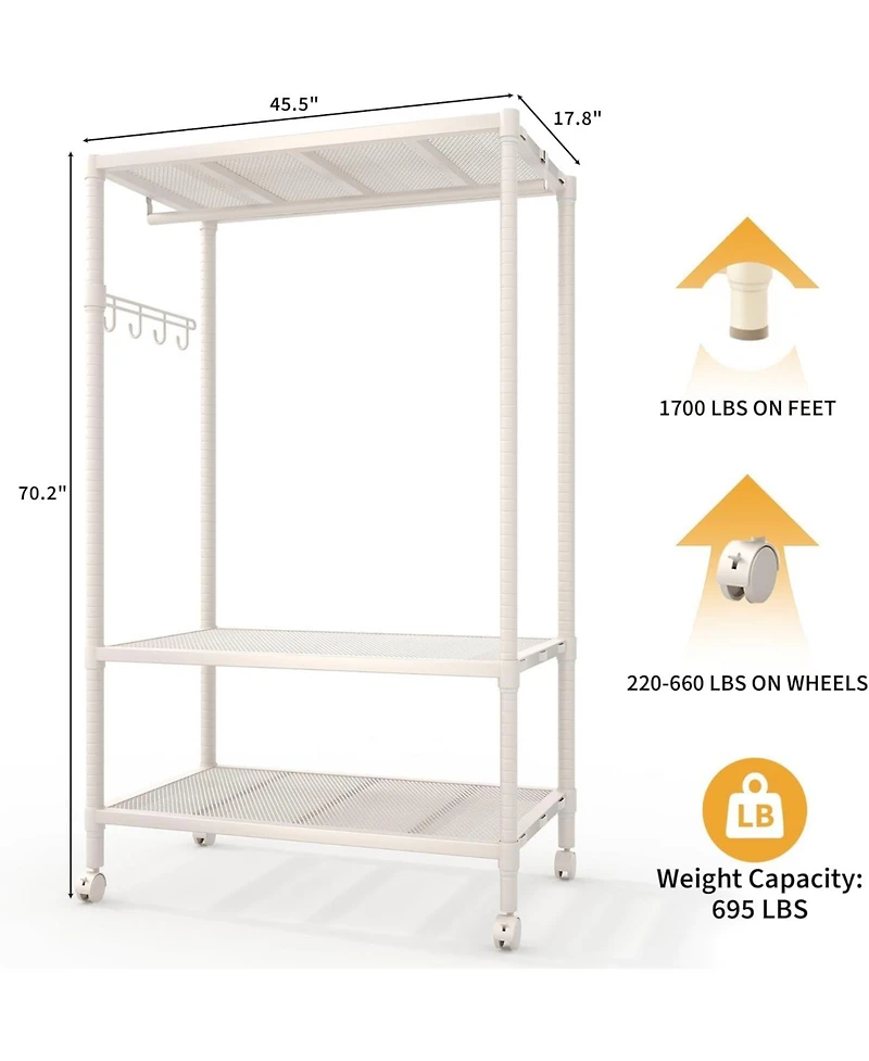Rolling Clothes Racks with Shelves, 70" H Metal Garment Racks for Hanging Dresses Coats, Portable Wardrobe Closet with Hooksand Wheels, Easy Assembly