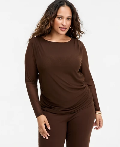 I.n.c. International Concepts Plus Long Sleeve Sheer Mesh Ruched Top, Macy's Exclusive
