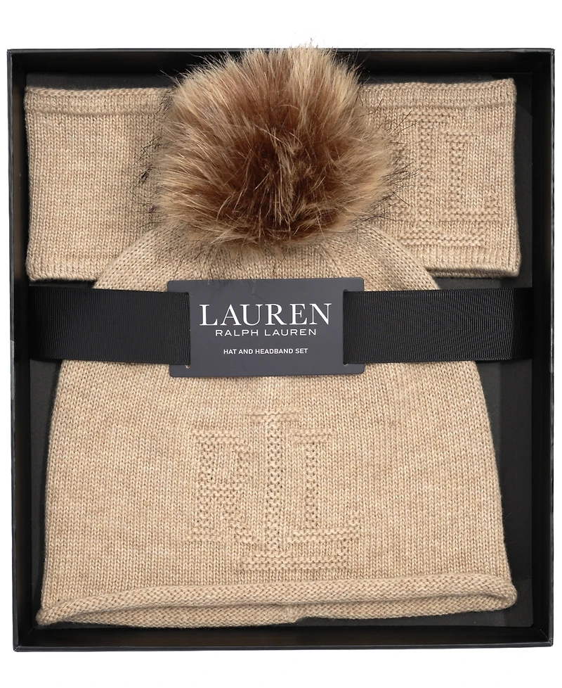 Lauren Ralph Texture Logo Headband and Beanie Set