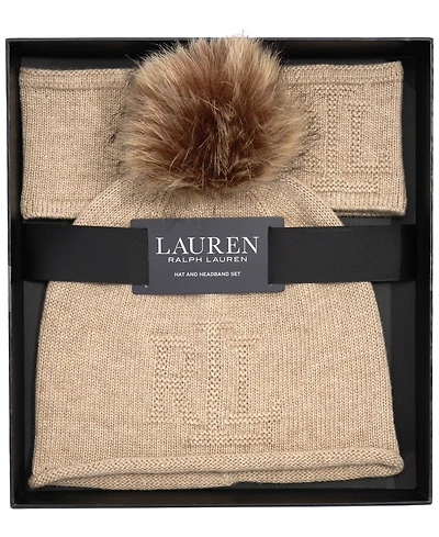 Lauren Ralph Texture Logo Headband and Beanie Set