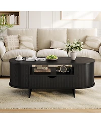 Oval Coffee Table, 47.2" Fluted Table with Storage, Center Drawer and Sliding Doors, Indoor Living Room for Small Spaces