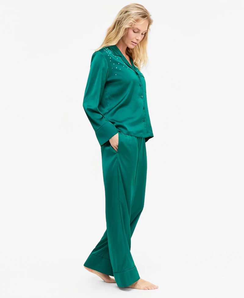 I.n.c. International Concepts Women's Diamonte Satin Long Pajama Set, Created for Macy's