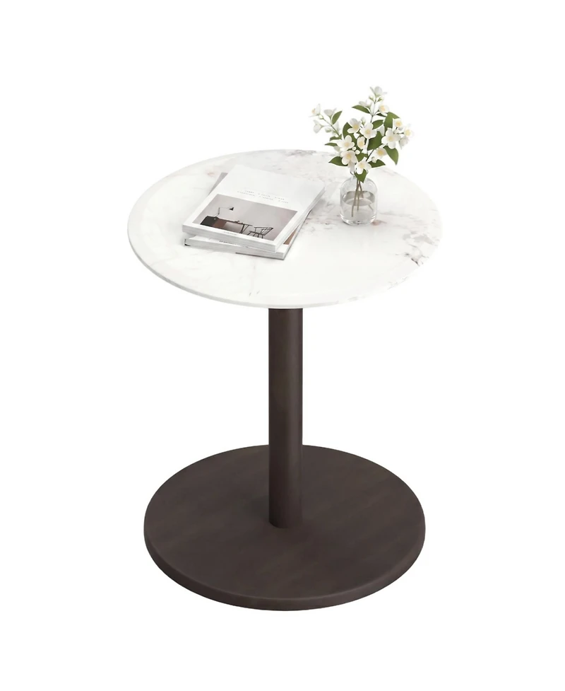 Slickblue Marble Top Round End Table with Wooden Pedestal for Living Room