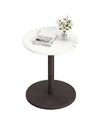 Slickblue Marble Top Round End Table with Wooden Pedestal for Living Room