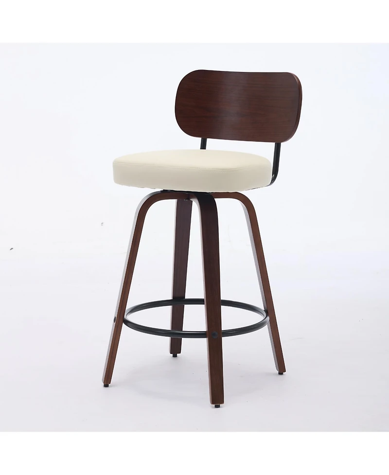 Clihome Swivel Bar Stools Set of 2, 26" Upholstered Faux Leather Counter Height Barstools with Walnut Back and Bentwood Legs,Counter