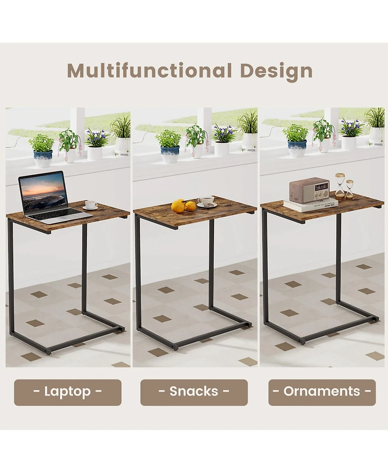Gymax C-shaped End Table Vintage Accent Couch Table with Heavy-duty Metal Frame