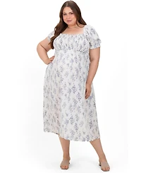 Pinkblush Plus Size Ivory Floral Smocked Sweetheart Neckline Midi Dress