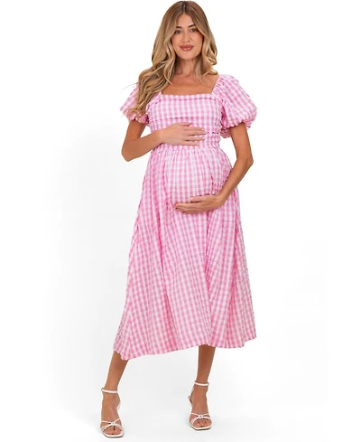Pinkblush Maternity Pink Gingham Puff Sleeve Midi Dress