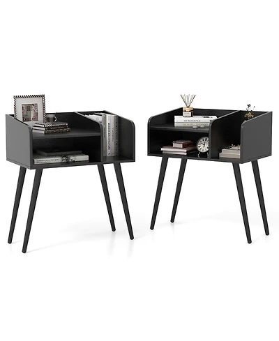 Gymax Set of 2 Mid Century Modern End Table with Open Shelves Metal Support Legs