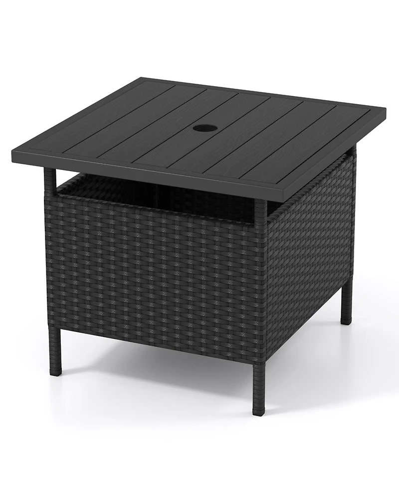 Patio Square Wicker Side Table with Umbrella Hole for Yard Garden Poolside